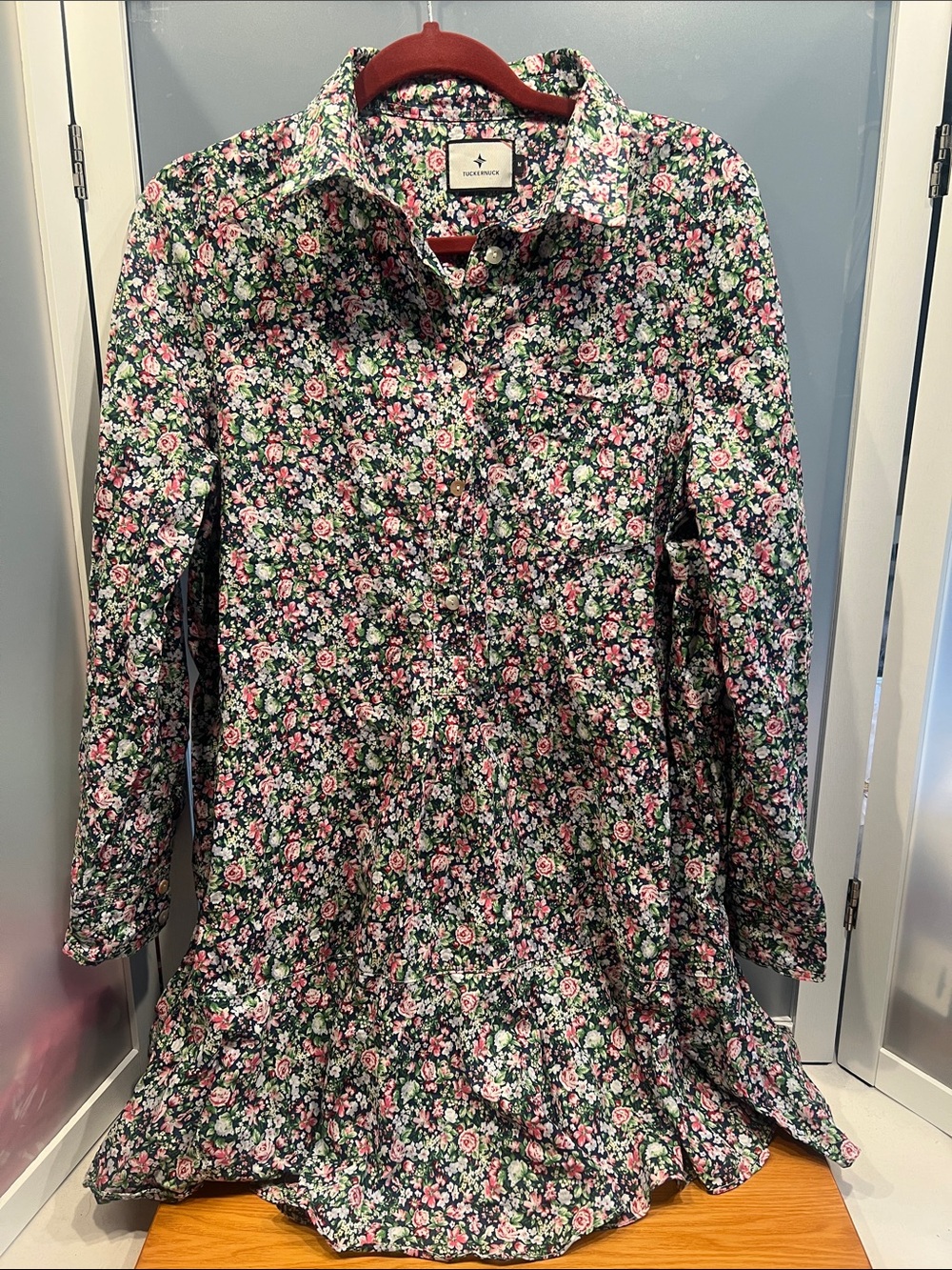 Tuckernuck Callahan cotton shirt dress in a floral print with a ruffle hem M